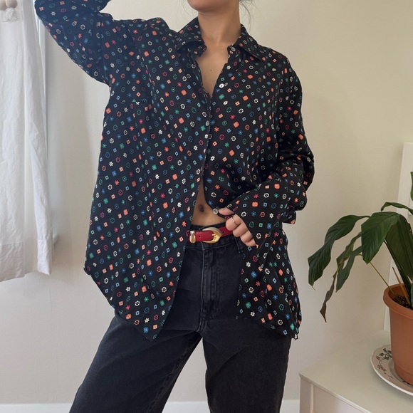 Vintage Kate Hill 100% Silk Black Shirt Multi Colored Floral Retro Vibe Size 14 - Picture 7 of 15